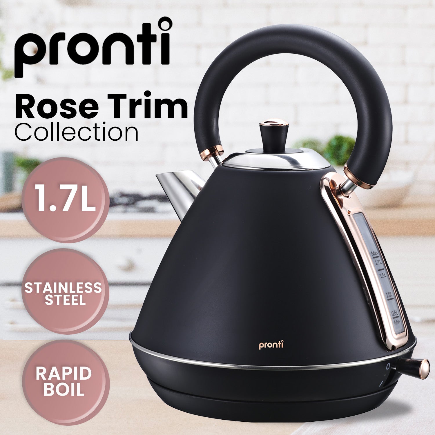 Pronti 1.7L Rose Trim Collection Kettle - Black - 0