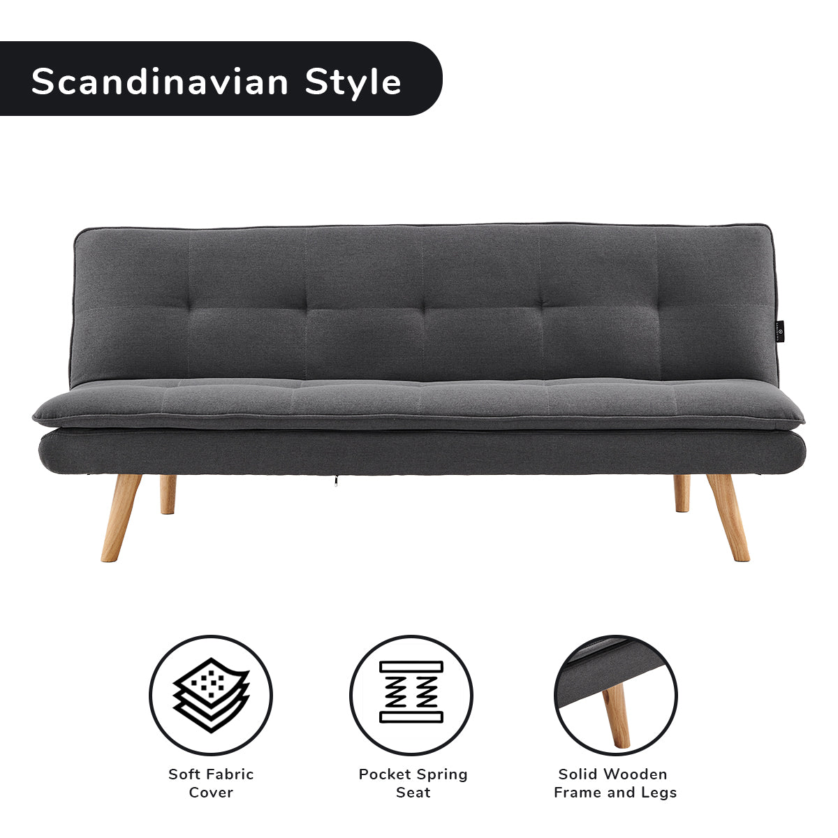 Sarantino 3 Seater Linen Sofa Bed Couch Lounge Futon - Dark Grey - 0