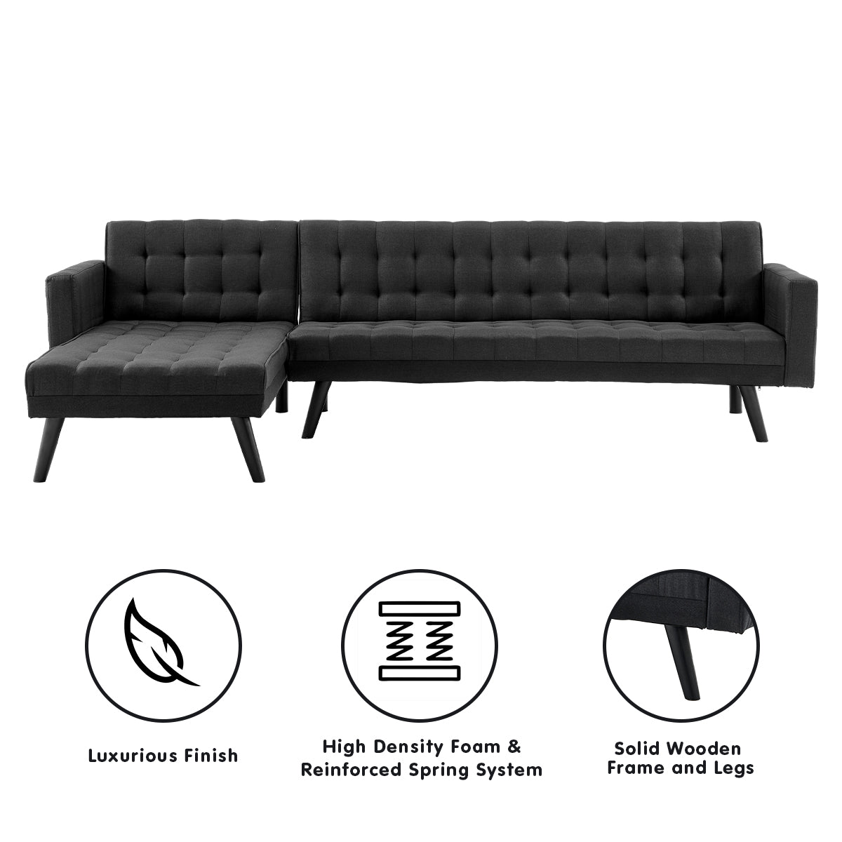 Sarantino 3-Seater Corner Wooden Sofa Bed Lounge Chaise Sofa Black - 0