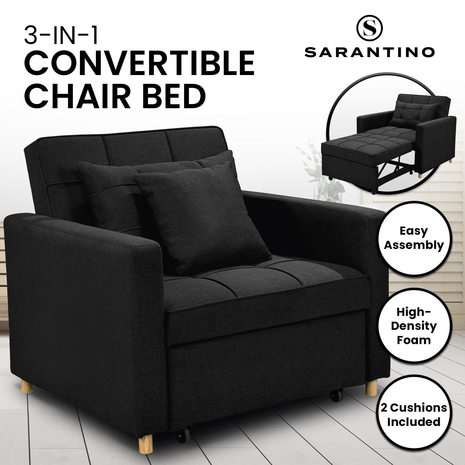 Sarantino Suri 3-in-1 Convertible Lounge Chair Bed - Black - 0