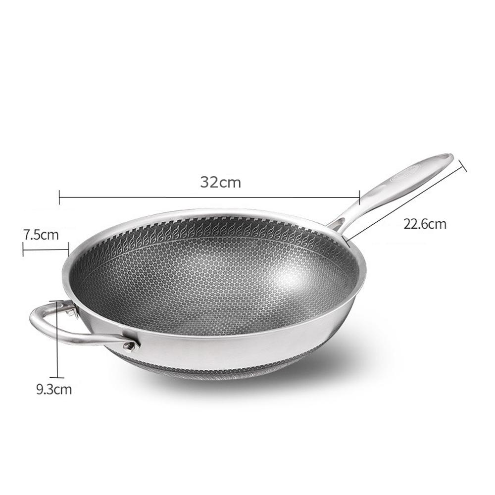 32cm 304 Stainless Steel Non-Stick Stir Fry Cooking Kitchen Honeycomb Wok Pan with Lid - 0