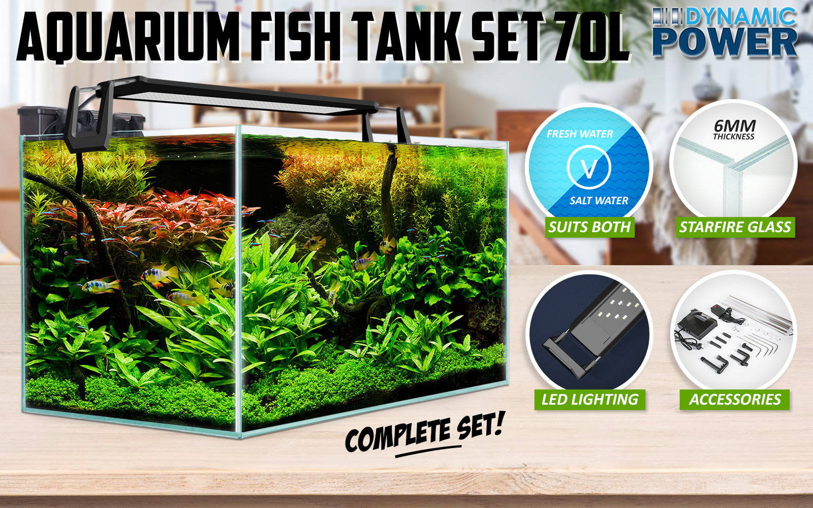 Aquarium Starfire Glass Fish Tank Set Filter Pump 70L - 0