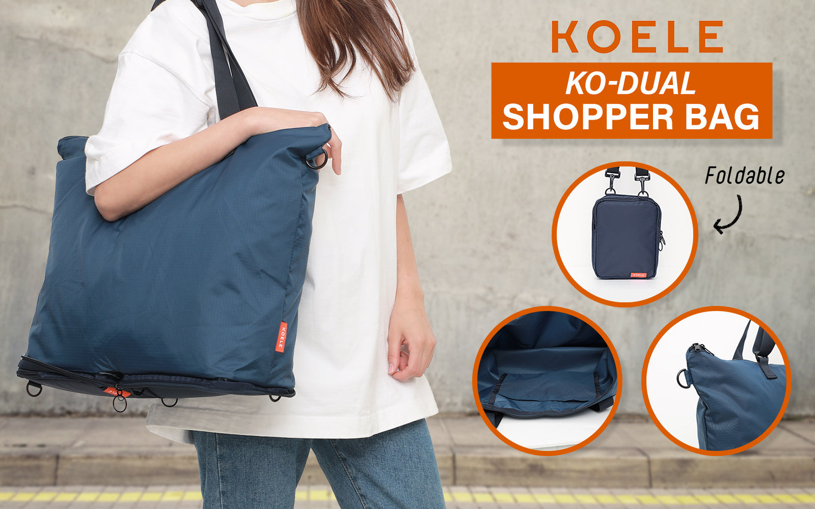 Shopper Bag Tote Bag Foldable Travel Laptop Grocery Nylon KO-DUAL NAVY - 0