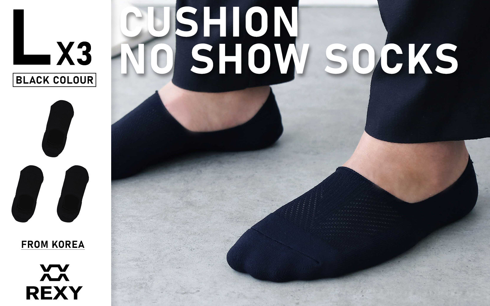 3X Rexy Cushion No Show Ankle Socks Large Non-Slip Breathable BLACK - 0