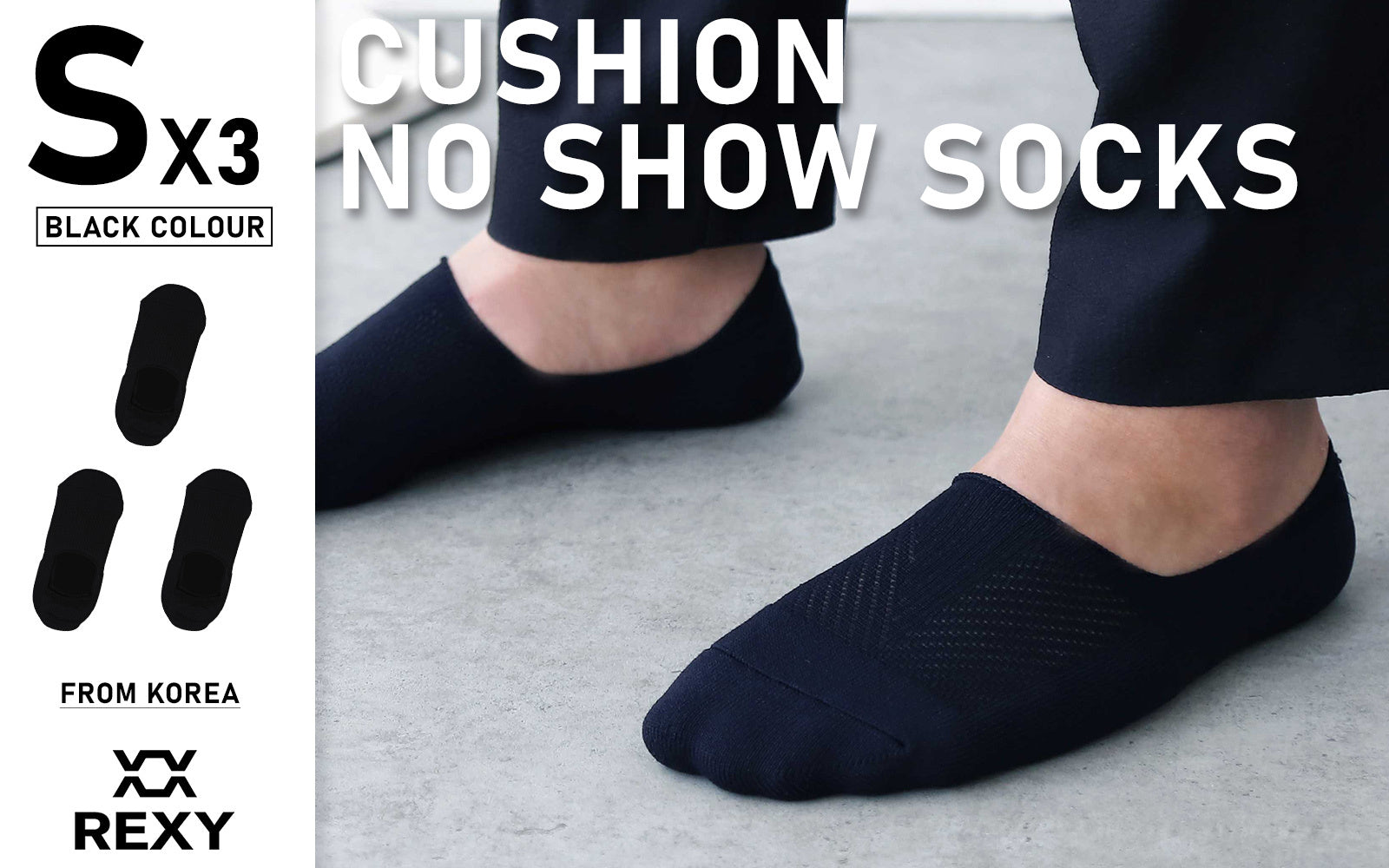 3X Rexy Cushion No Show Ankle Socks Small Non-Slip Breathable BLACK - 0