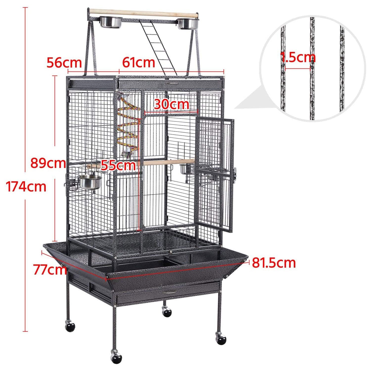 174cm Large Rolling Mobile Bird Cage Birdcage Finch Aviary Parrot Animals Playtop Stand Canary Finch - 0
