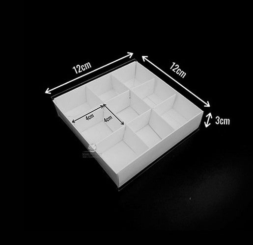 10 Pack of White Card Chocolate Sweet Soap Product Retail Gift Box - 9 bay 4x4x3cm Compartments  - Clear Slide On Lid - 12x12x3cm