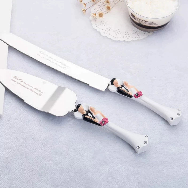 Bride Groom Cake Server Set Wedding Cake Knife and Silver Blade Server Set Boxed - Bride Groom Handles