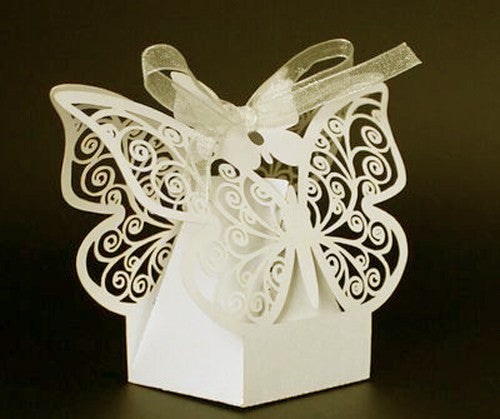 Ivory Cream Butterfly Wedding Engagement Party Bomboniere Favour Lolly Gift Almond Card Box - 10 Pack - 0