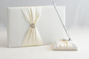 White Wedding Guest Book Register with Silver Pen Matching Stand Set 36 Lined Pages - Ivory Sach Ribbon Cover-1