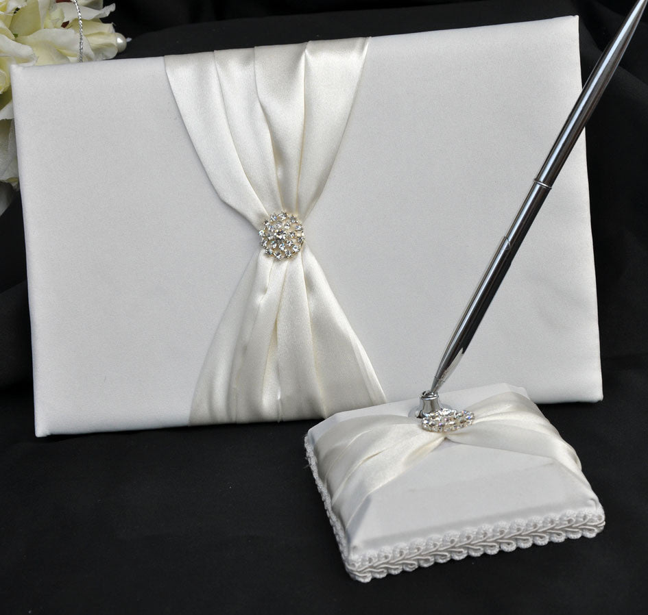 White Wedding Guest Book Register with Silver Pen Matching Stand Set 36 Lined Pages - Ivory Sach Ribbon Cover - 0