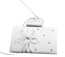 White Wedding Guest Book Register with Silver Pen Matching Stand Set 36 Lined Pages - White Ribbon and Diamante Bow Cover-1