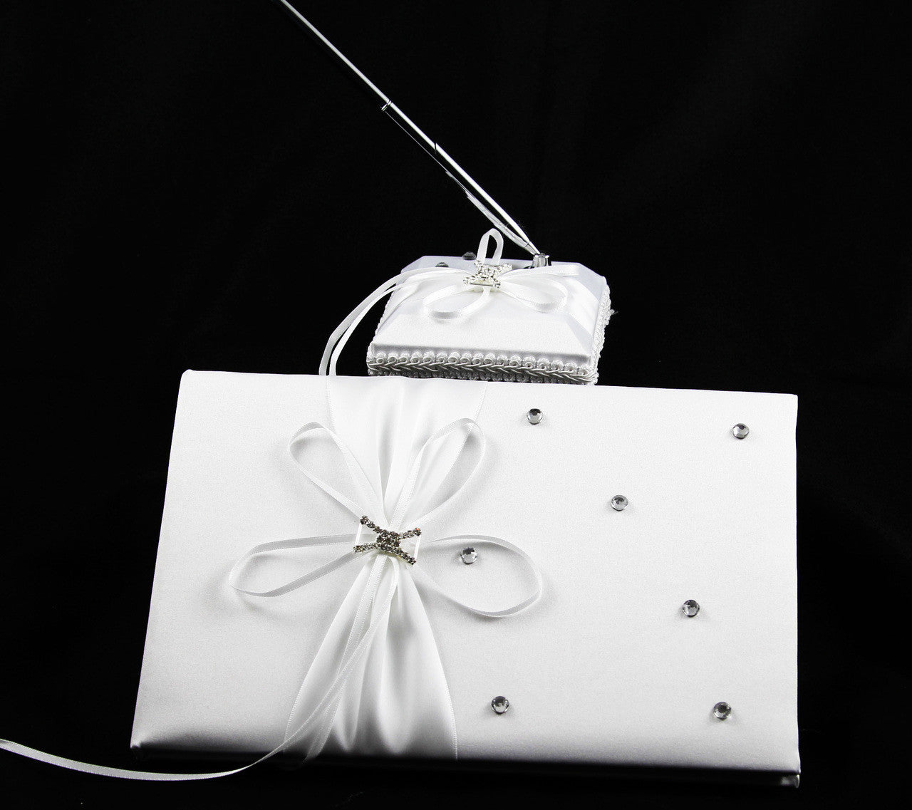 White Wedding Guest Book Register with Silver Pen Matching Stand Set 36 Lined Pages - White Ribbon and Diamante Bow Cover - 0