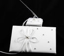 White Wedding Guest Book Register with Silver Pen Matching Stand Set 36 Lined Pages - White Ribbon and Diamante Bow Cover-2