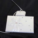 White Wedding Guest Book Register with Silver Pen Matching Stand Set 36 Lined Pages - White Ribbon and Diamante Bow Cover-8