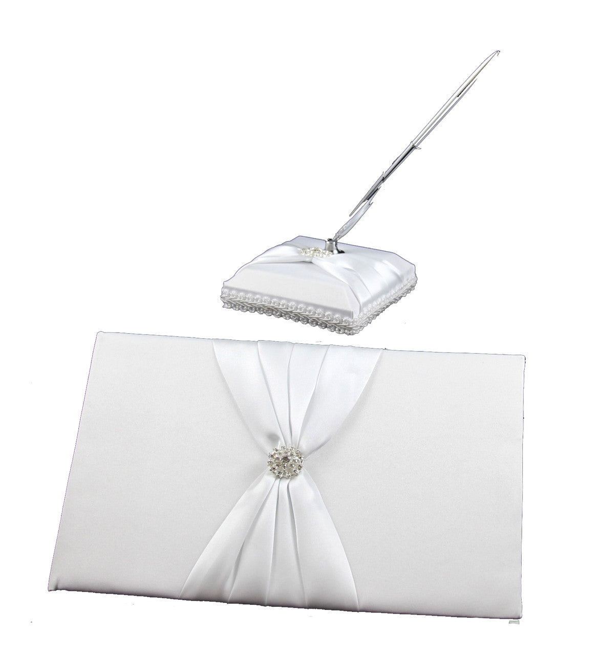 White Wedding Guest Book Register with Silver Pen Matching Stand Set 36 Lined Pages - White Sach Diamante Cover