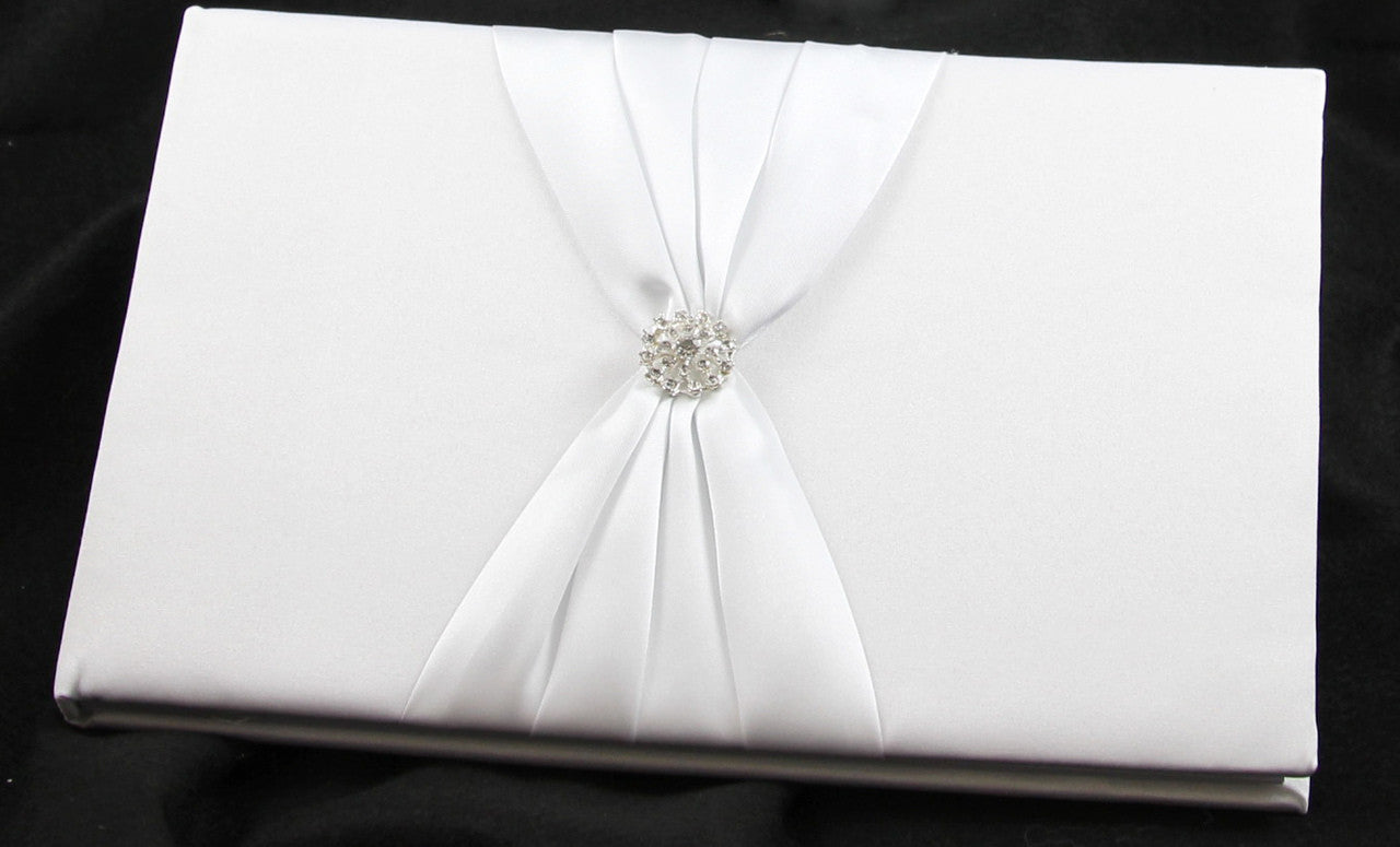 White Wedding Guest Book Register with Silver Pen Matching Stand Set 36 Lined Pages - White Sach Diamante Cover - 0