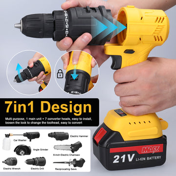 7in1 Multi-function Rechargeable Li-ion Electric Machine Set Electric Hammer Drill Chainsaw Conversion Tool Set Power Tool Kit - 0