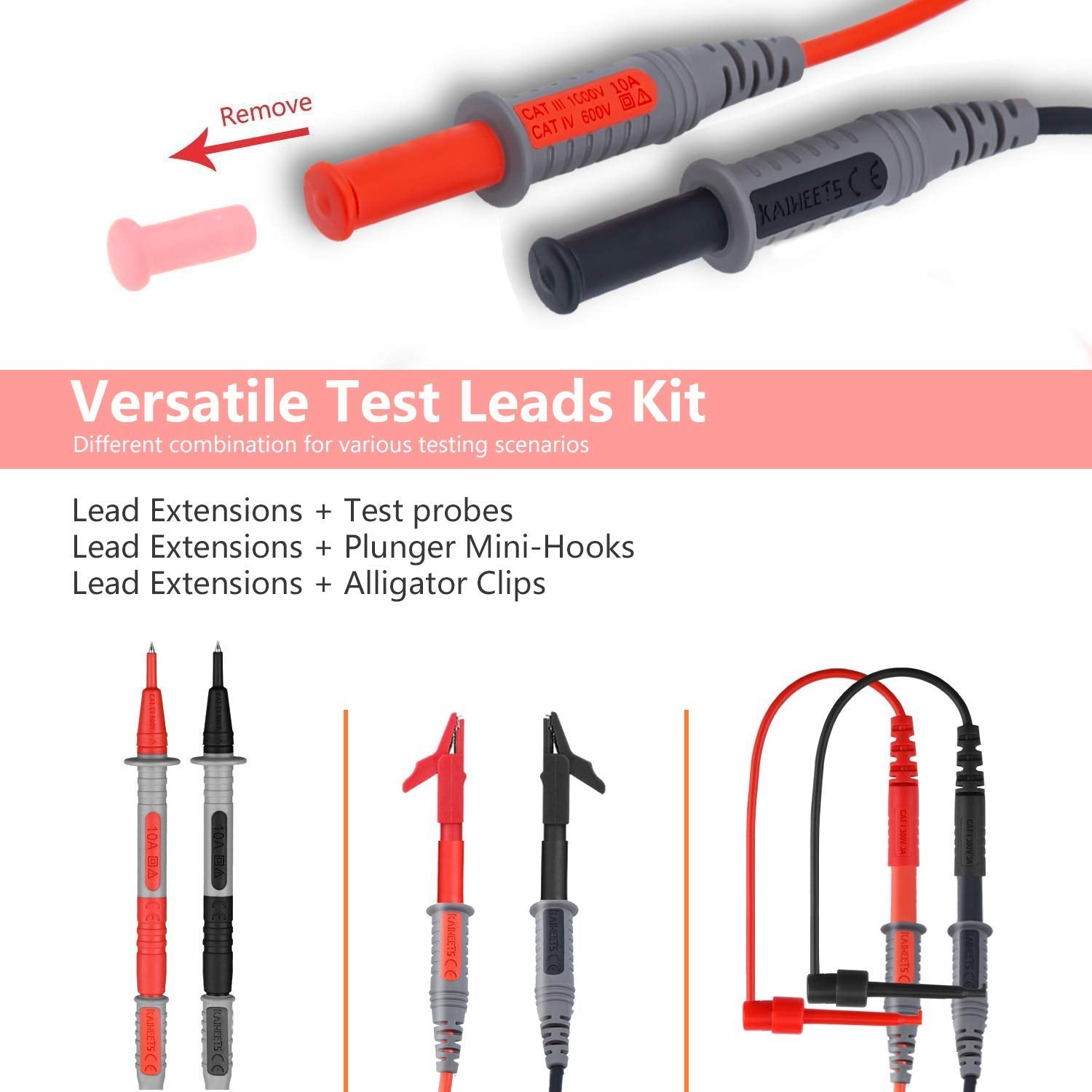 KAIWEETS Soft Silicone Electrician Test Leads Kit CAT III 1000V & CAT IV 600V with Alligator Clips and Needle Probe for Fluke/AstroAI/INNOVA Multimeter Electronic Clamp Meter 9PCS