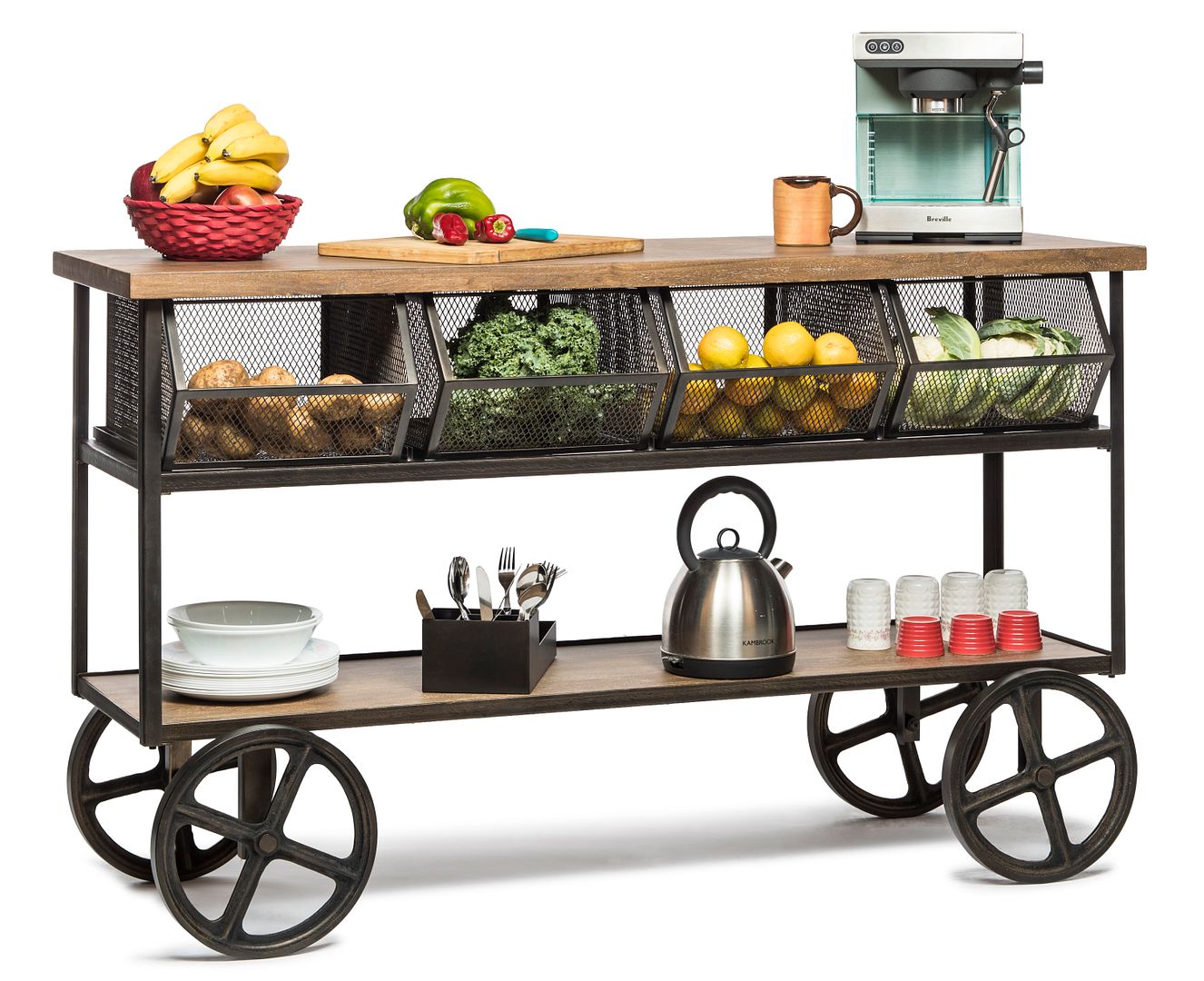 Wooden Kitchen Island Trolley Cart on Wheels with Drawers and 3 Level Storage - 0