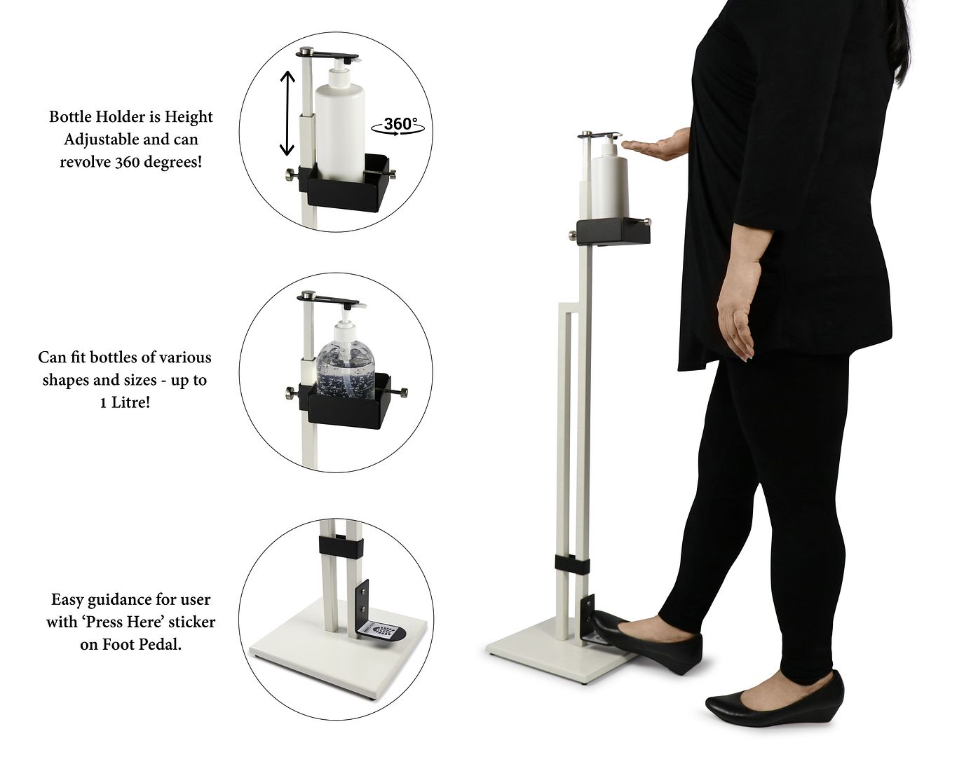 Lirash Touch Free Hand Sanitiser Dispenser Station Floor Stand Foot Operated - White Black - 0