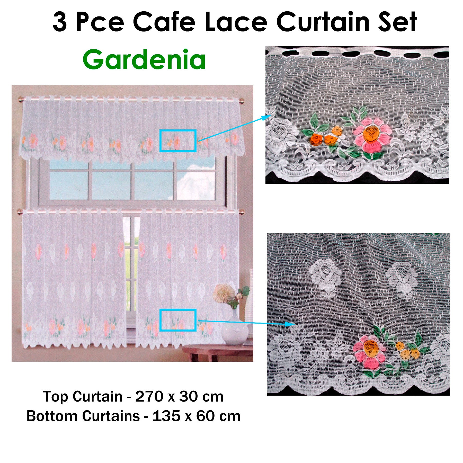 3 Pce Cafe Gardenia Lace Curtain Set - 0