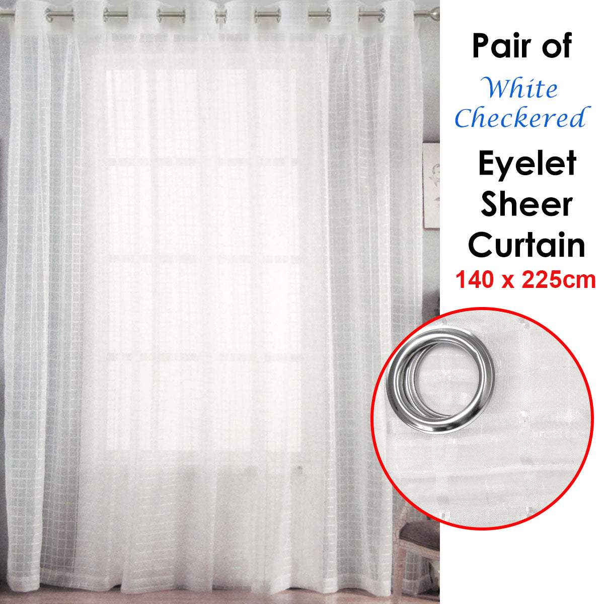 Pair of White Checkered Eyelet Sheer Curtains 140 x 225cm - 0