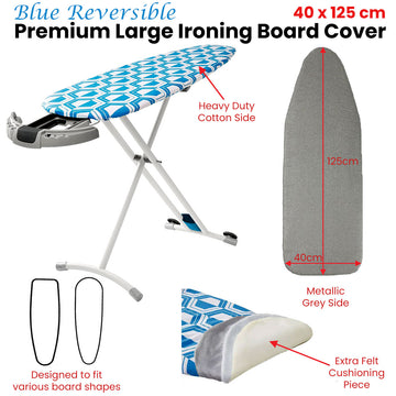 Blue Reversible Premium Large Ironing Board Cover with Underlay 40 x 125 cm - 0