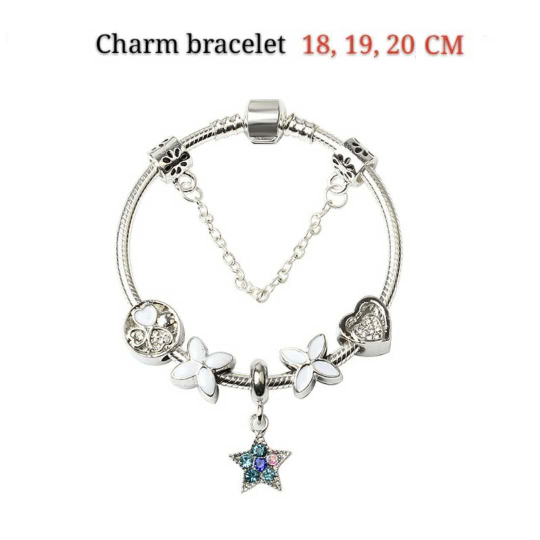 Women Silver Plated Bracelet Snake Chain with Classic Bead Barrel Clasp and Blue Star Pendant(19cm)