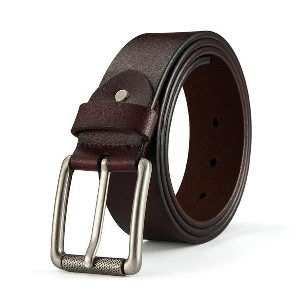 New Cowhide Leather Men Belt Pin Buckle Luxury Male Belts (Coffee)