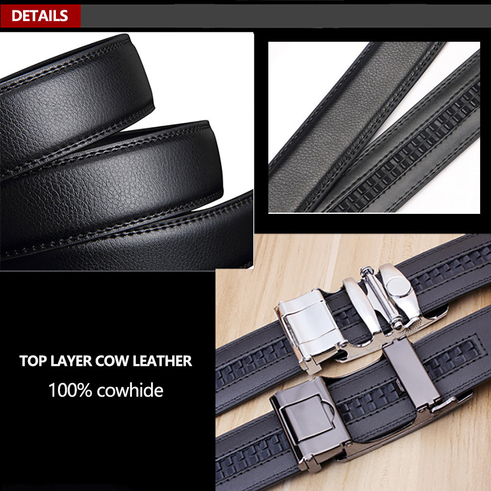 Adjustable Slide Luxury Leather Belt For Men's Automatic Buckle Ratchet Business Dress Belts (FB8501#01) - 0