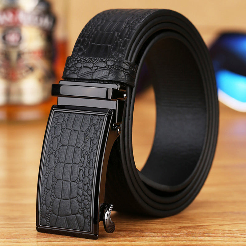 Genuine Cowhide Embossed with Crocodile Pattern Belt  Luxury Business Automatic Belts (Black) - 0