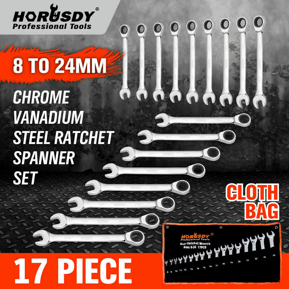 17Pc Ratchet Spanner Set Metric Combination Wrenches Open End Ring CR-V 8-24mm - 0
