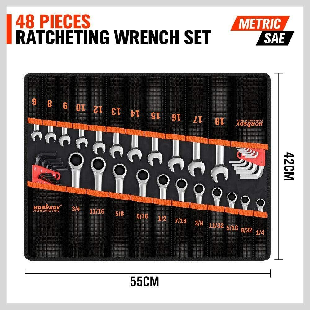 48-Piece Ratchet Wrench Set with Rolling Pouch - Metric SAE Allen Key & Hex Key Spanner Kit - 0