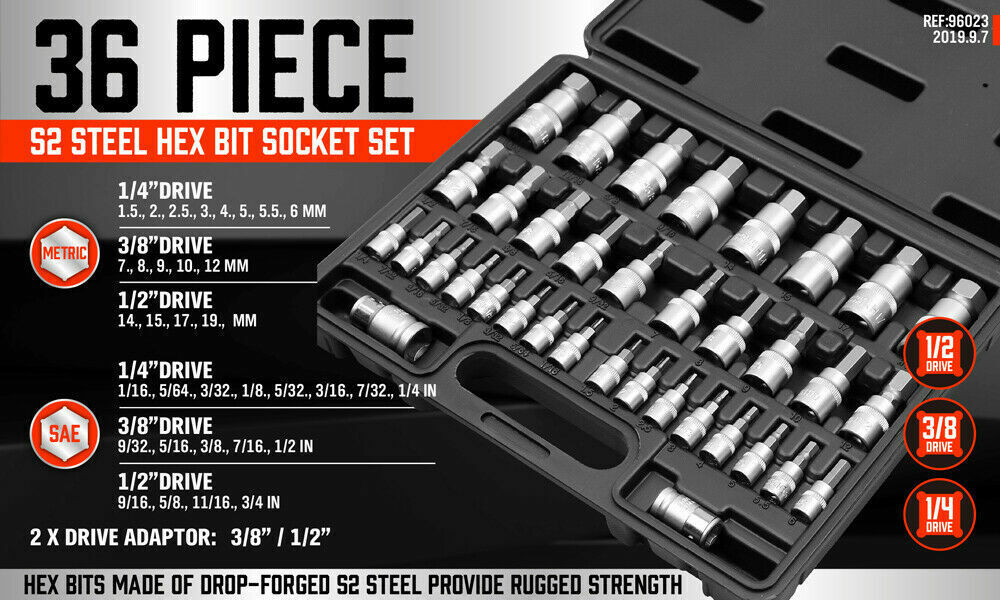 36-Piece Hex Bit Socket Set, SAE and Metric Sizes, S2 Steel Hex Bits, Chrome Vanadium Steel Sockets and Adapters with Storage Case - 0