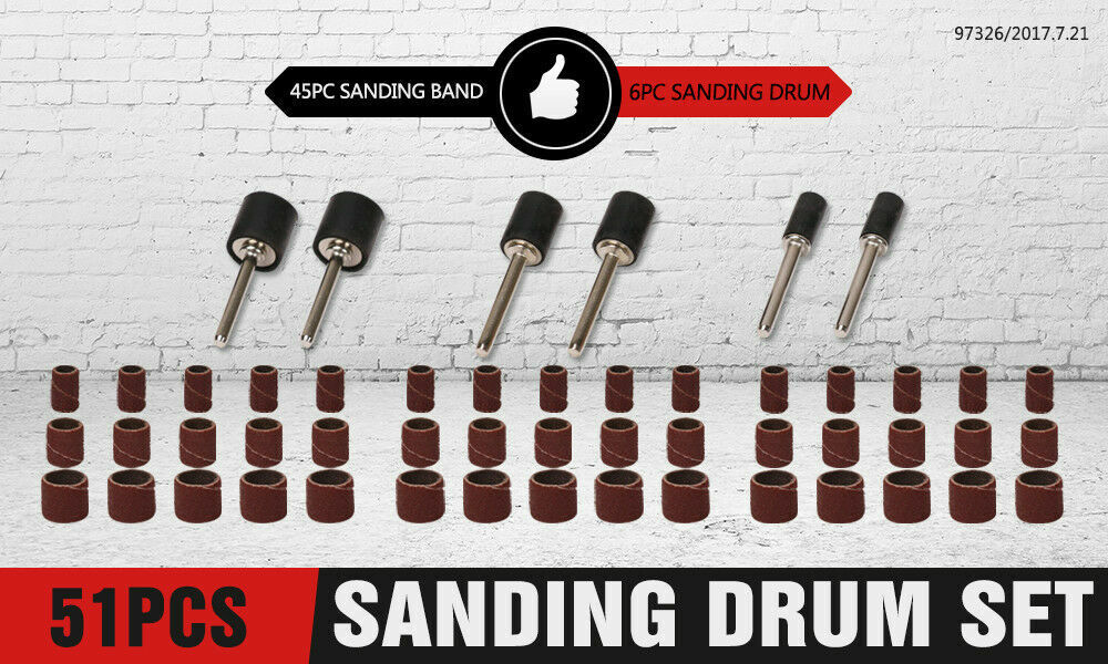 51Pc Sanding Bands Drum Sleeve Set 120 Grits Mandrel Dremel Rotary Kit 3mm Shank - 0