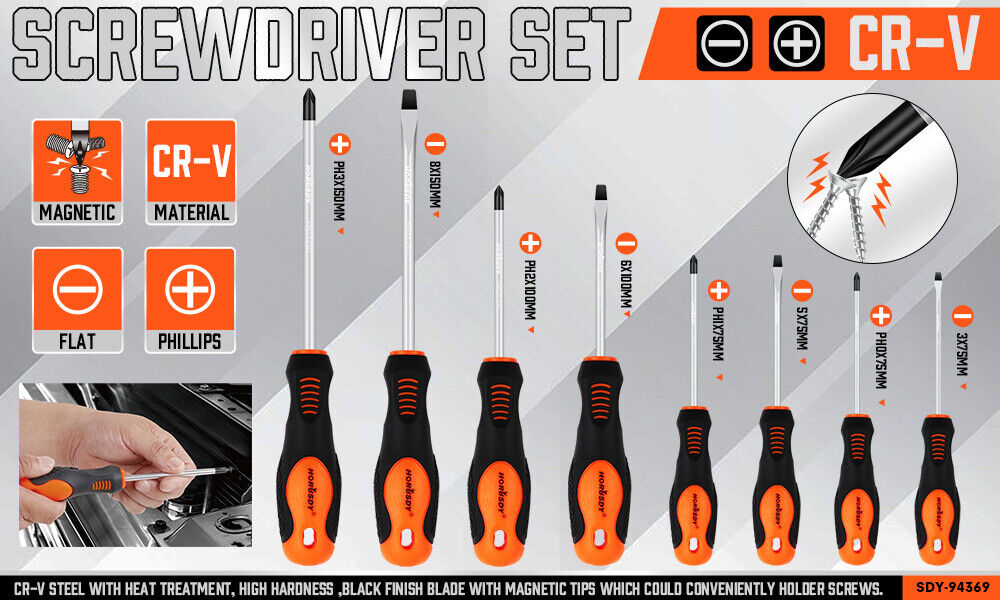 HORUSDY 8Pc Magnetic Screwdriver Set Non-slip Handle Phillips Slotted Tool New