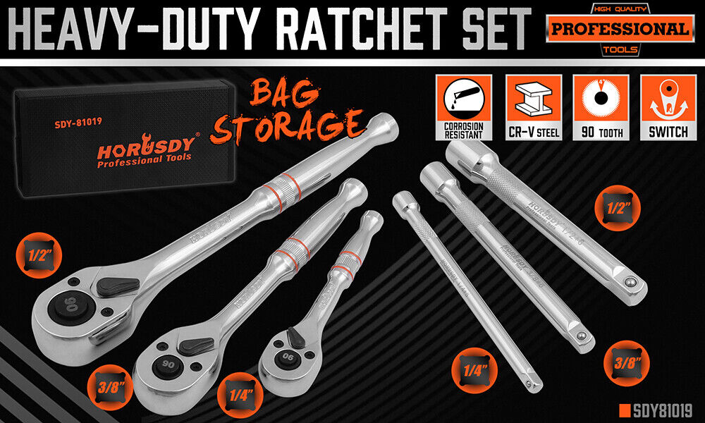 Mini Ratchet Spanner 1/2 3/8 1/4 Drive 90 Tooth Extension Bar Workshop With Bag - 0