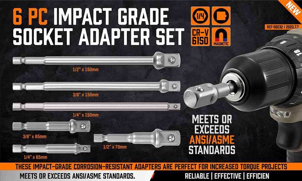 6Pc Drill Socket Adapter Set Long Short Combination Extension Impact Nut Driver - 0