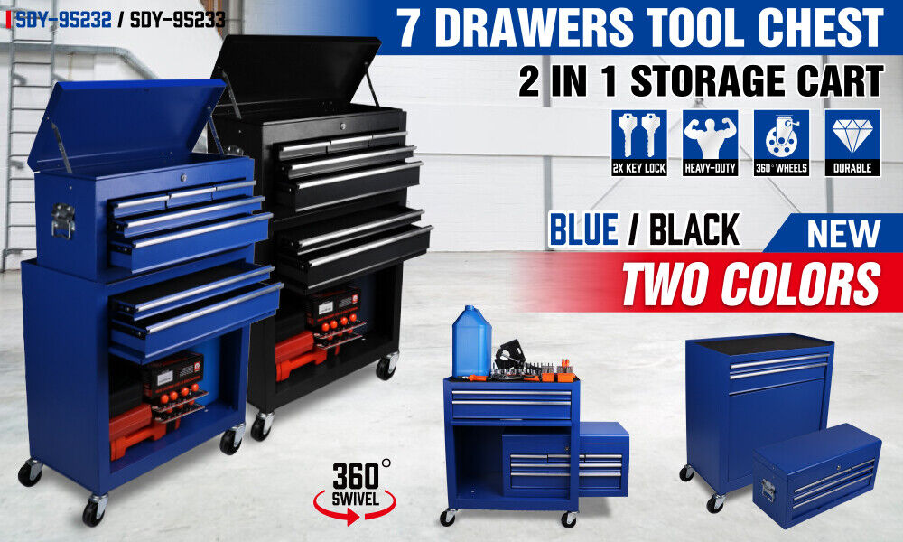 7-Drawer Tool Box Chest Cabinet Trolley - Heavy Duty Toolbox Garage Storage with Lockable Wheels - 0