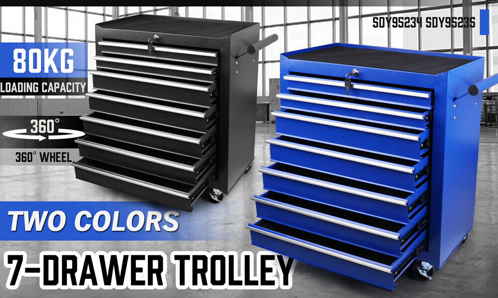 7-Drawer Drawer Tool Box Trolley Cabinet - Blue or Black Heavy Duty Tool Chest Garage Storage Cart Organizer - 0