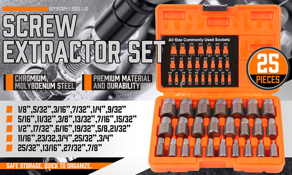 25Pc Screw Extractor Set Multi-Spline Easy Out Broken Bolt Remover Tool Hex Head - 0