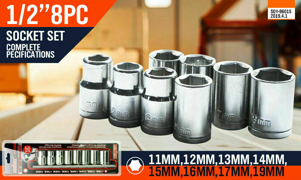 8Pc Metric Socket Set 1/2" Drive 11MM - 19MM For Wrench CRV Mechanic With Holder