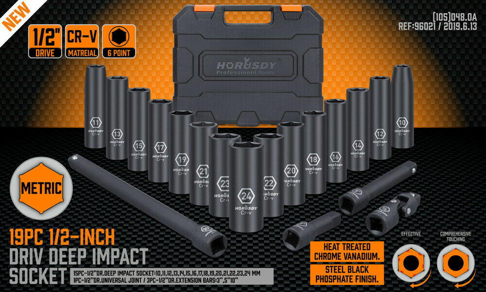 19Pc Deep Socket Set Impact 1/2" Drive Extension Bars Flexible Adapter 10-24mm - 0