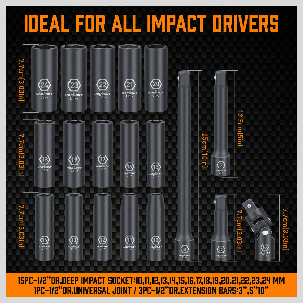 19Pc Deep Socket Set Impact 1/2" Drive Extension Bars Flexible Adapter 10-24mm