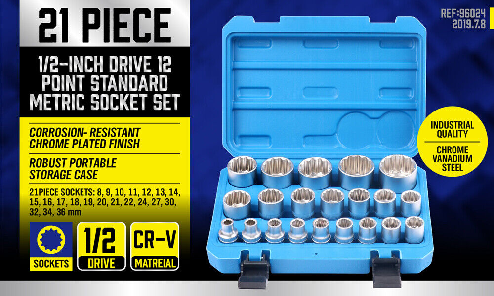 21Pc 12-Point Socket Set 1/2-inch Drive Grip Sleeve Storage Case Metric 8mm-36mm - 0