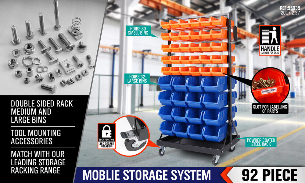 92-Piece Bin Mobile Garage Storage Bin Rack Heavy-Duty Tool Organizer with Swivel Wheels - 0