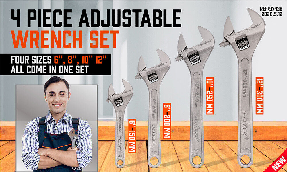 4Pc Adjustable Wrench Set Heavy Duty Shifter Spanner Wide Open Jaw 6"/8"/10"/12" - 0
