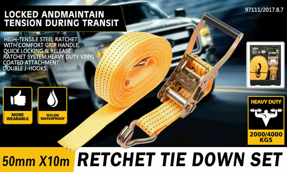 50mm x 10M Tie Down Strap Heavy Duty Ratchet Straps Trailer Boat 2000KG Loading - 0