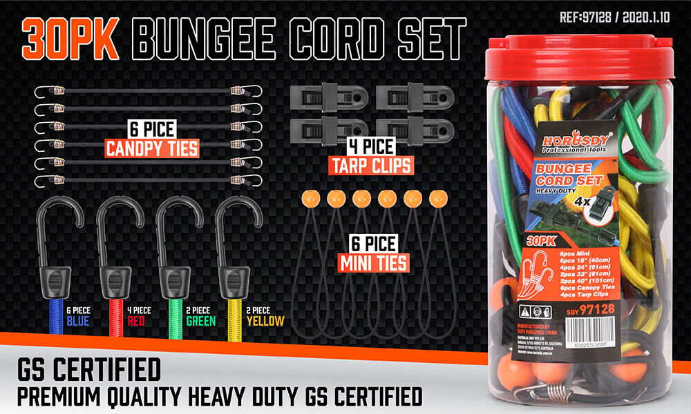 30-Piece Premium Bungee Cord Assortment Includes 10” to 40” Bungee Cords, Canopy Ties & Tarp Clips - 0